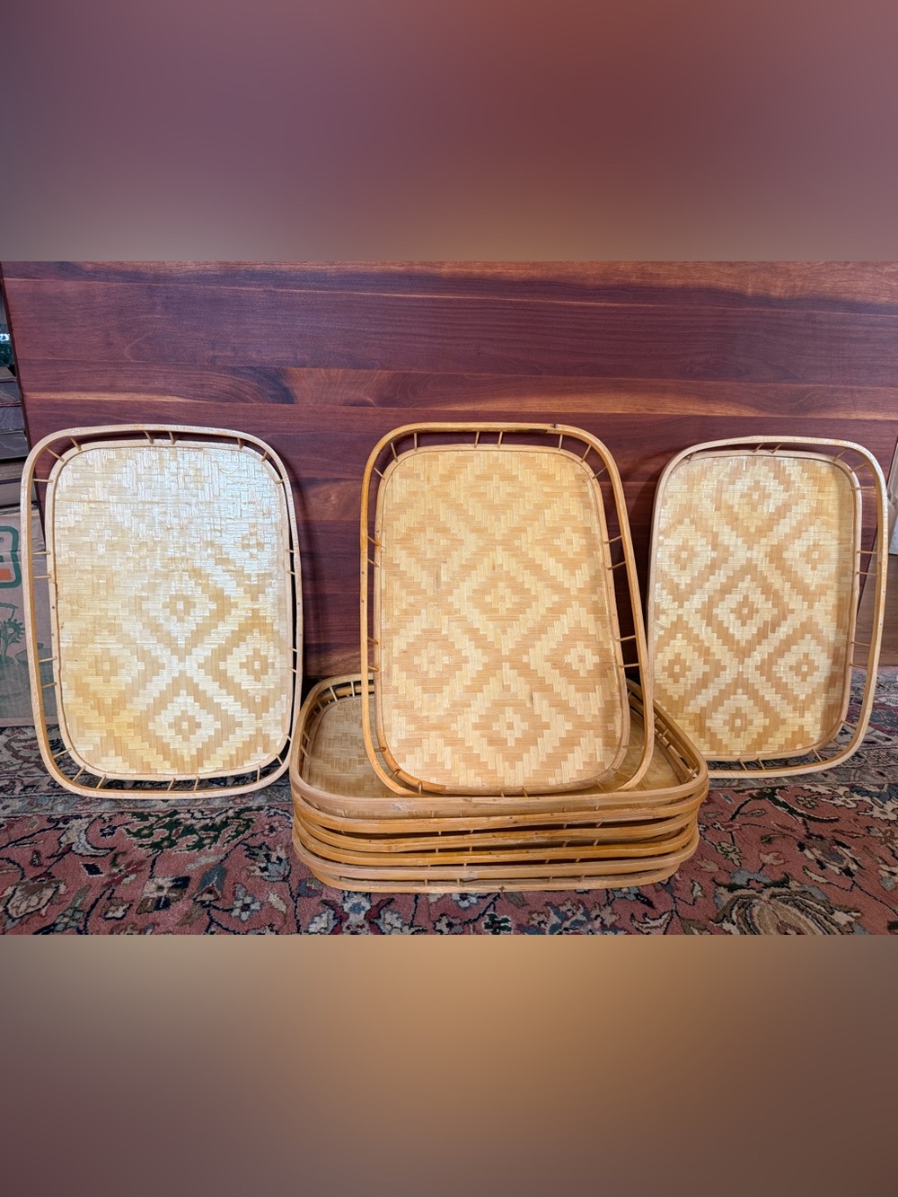 Vintage Mid-Century Bamboo Woven Trays - Natural Tan
